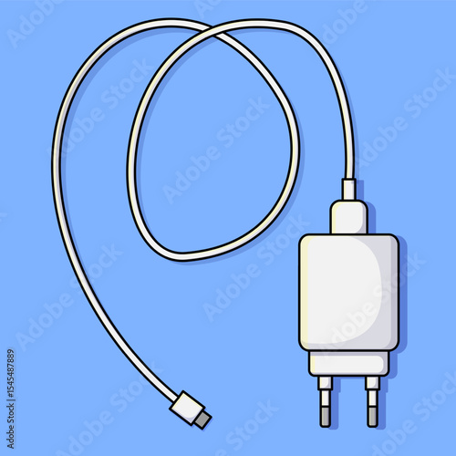 Cartoon Style Phone Charger with Cable on Blue Background