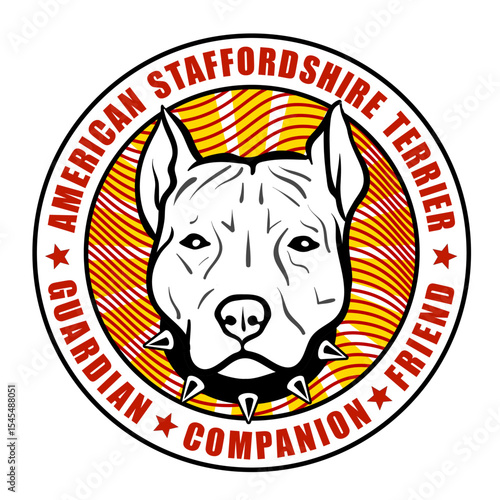 Round emblem Vector AmStaff with black spiked collar over curved red waves. Circular border text: American Staffordshire Terrier top, Guardian. Companion. Friend. bottom. Loyal breed identity design