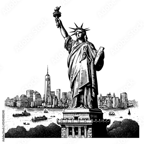 Liberty statue sketch engraving black and white outline. Scratch board imitation.  illustrated in vintage line art style on a white background.