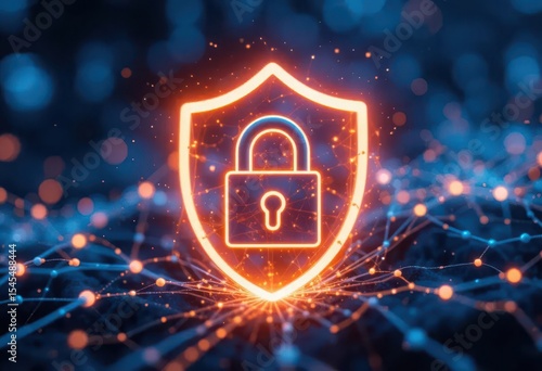 Cybersecurity awareness best practice concepts. A glowing orange shield with a padlock icon represents cybersecurity protecting digital networks and data with a futuristic blue and orange network back