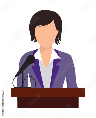 Faceless female public figure or official speaking at a podium. The suit emphasizes authority, leadership, communication. Suitable for themes such as politics, public speaking, leadership, or media.