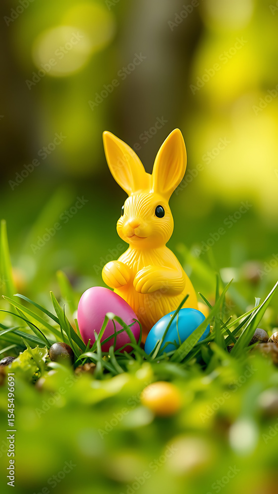 Fototapeta premium Yellow Easter Bunny Figurine with Colorful Eggs on Green Grass vertical