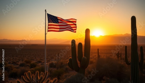 American flag waving in desert landscape during sunset in Arizona, USA