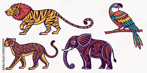 Vector illustration of exotic animals tiger elephant leopard and parrot wildlife design for prints art