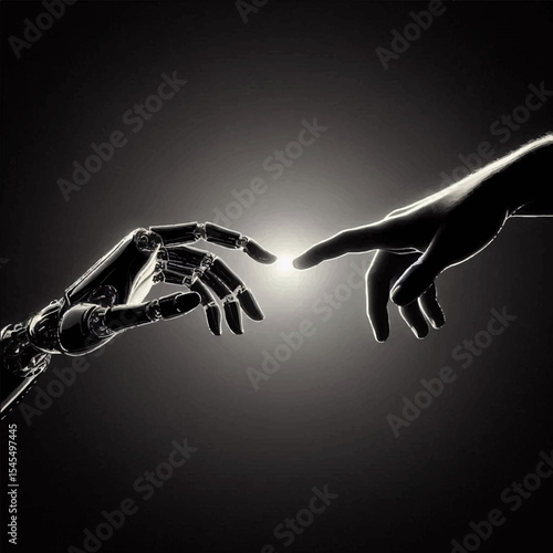 A black and white silhouette of a cyborg's hand and a human reaching out to each other like a creature reaching for its creator. Vector graphics. EPS.