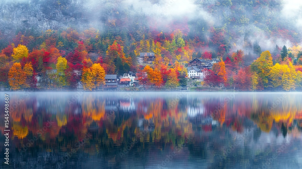 Fototapeta premium Autumnal lake scene with colorful trees reflected in the still water. Misty mountains in the background