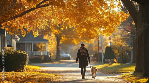 Autumnal stroll through a neighborhood.  Golden leaves line the street