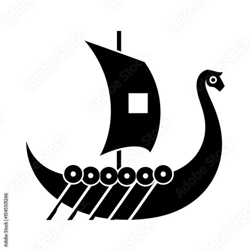 Simple black silhouette of a Viking longship, showing its characteristic design elements.