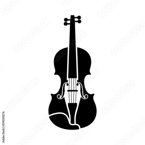 A simple black silhouette of a violin, a stringed musical instrument.