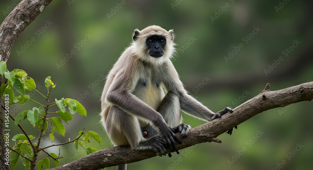 Obraz premium Gray Langur Monkey Perched on Branch, Serene Forest Setting