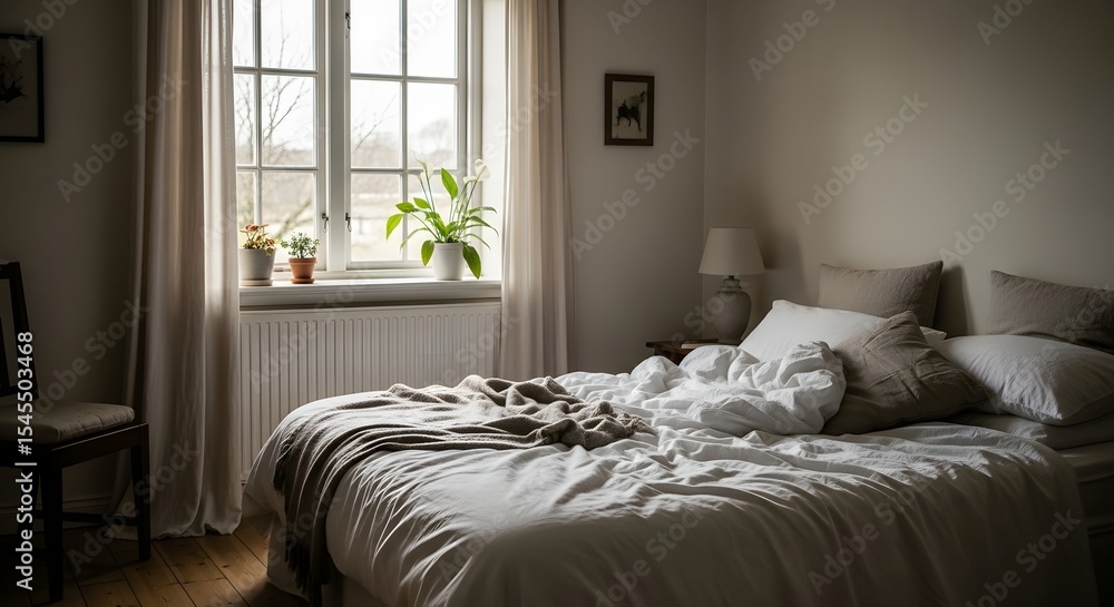 Fototapeta premium Interior of bedroom with unmade bed and window with plants and curtains in natural light setting