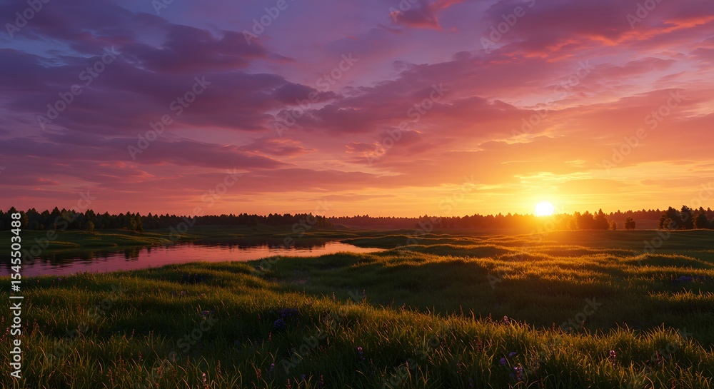 Obraz premium Sunset Over Green Wetland Landscape Nature Scenery with River and Sky Dramatic Emotional Peaceful Environment Beautiful