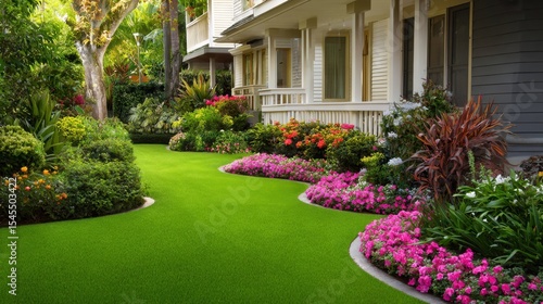 Neatly landscaped garden in front of a house with trimmed lawn and flower borders