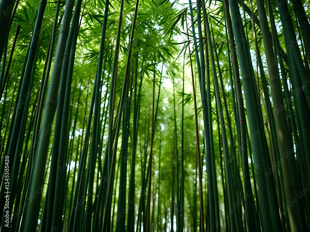 Fototapeta premium Lush bamboo forest with tall green stalks, drooping leaves, and dappled sunlight filtering through – peaceful nature scene ideal for wellness, eco-designs, and tranquil visual backdrops.