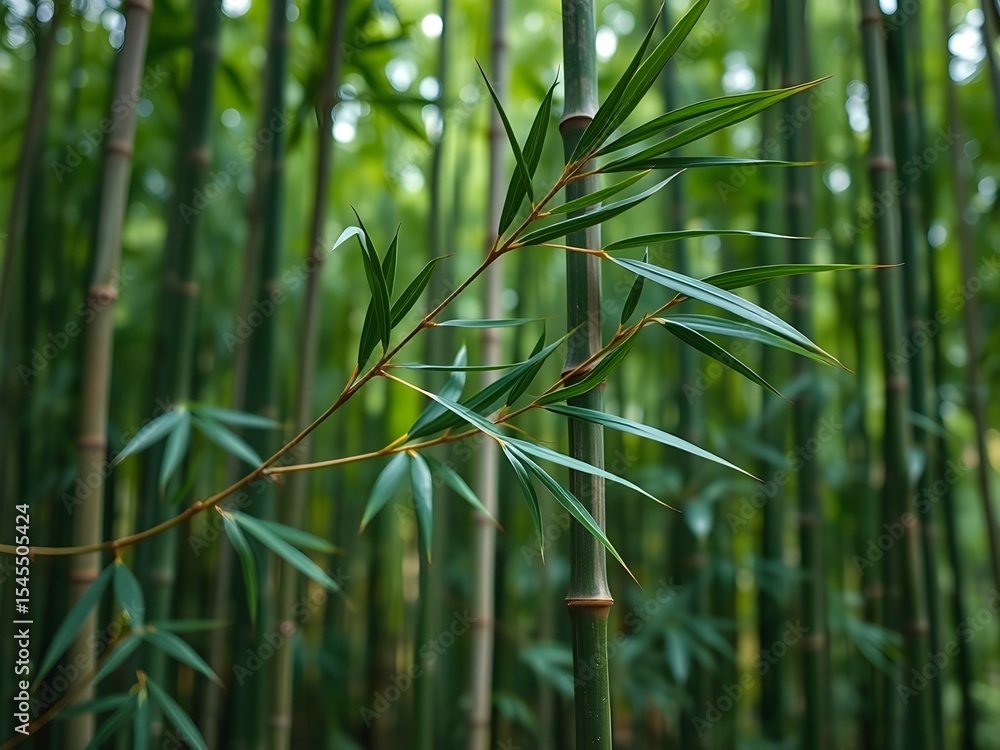 Fototapeta premium Lush bamboo forest with tall green stalks, drooping leaves, and dappled sunlight filtering through – peaceful nature scene ideal for wellness, eco-designs, and tranquil visual backdrops.