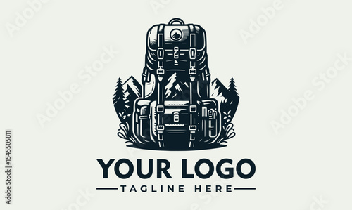 A sturdy backpack sits amidst mountain peaks and foliage, symbolizing adventure and exploration.