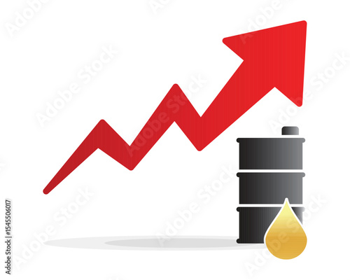 Gasoline, fuel, gas, petrol, oil, stock value, market, demand, price, rise. Oil drop and barrel with red arrow rising, vector illustration. Can be used for web, mobile, infographics and print. EPS 10