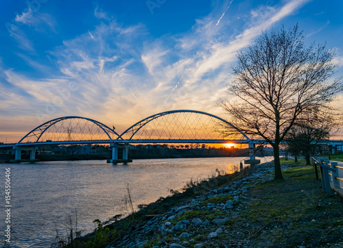 Beautiful sunset view of the famous Broadway Street Bridge in downtown Little Rock