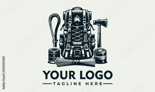 A detailed illustration of camping equipment, including a backpack, axe, and other gear.