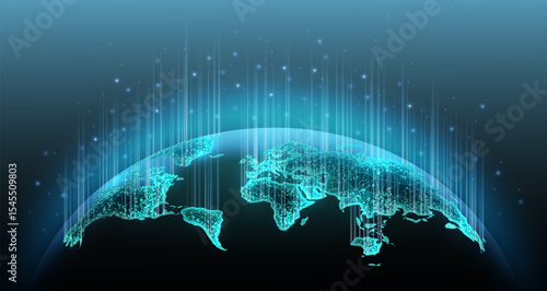 World map on blue background. Earth globe, global network, digital universe.