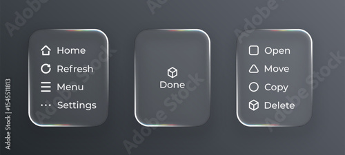 Transparent user interface design elements with glass effect on dark background. Modern glassy buttons with icons and text for web or app.