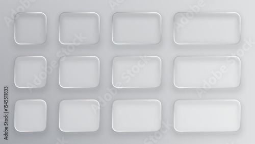 Set of square, rounded rectangle, and rectangle glass plates creating vector transparent frames. Blank liquid glass elements for ux ui design.