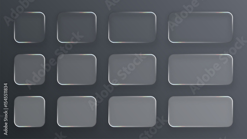 Dark elegant realistic liquid glass frames mockup set. Modern ui interface button or infographic element concept for graphic design.