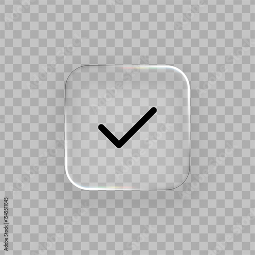 Liquid glass style check mark icon with rounded corners. Complete task design or correct answer graphic element for web and UI.