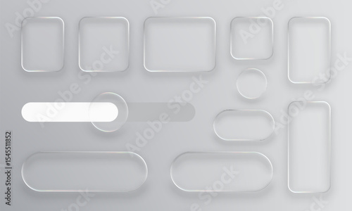 Frosted glass user interface elements concept. Empty liquid glass vector buttons, frames, and shapes on a grey background. UI app design.