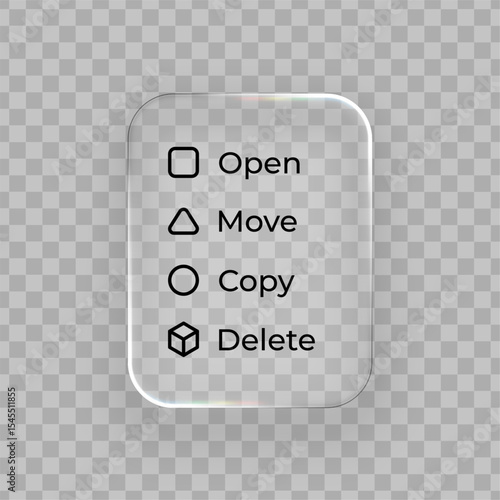 Liquid glassy rectangle with options for open, move, copy, delete text. User interface button or menu item icon.