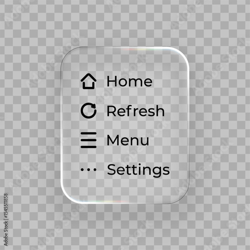 White liquid glass frame with navigation buttons for web design. Modern UI component with home, refresh, menu, and setting options. Transparent interface.