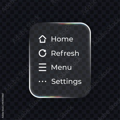 Liquid glass effect user interface element for ui ux design. Modern transparent control panel with menu and settings options.