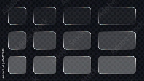 Twelve liquid glass frames of varying shapes and sizes on a dark transparent background. Modern user interface element for digital display.