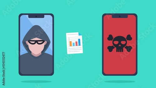 A hacker uses email phishing to break into the device. Then he steals the company's financial documents. One by one, the documents leak from the phone and are intercepted by the hacker. Animation.