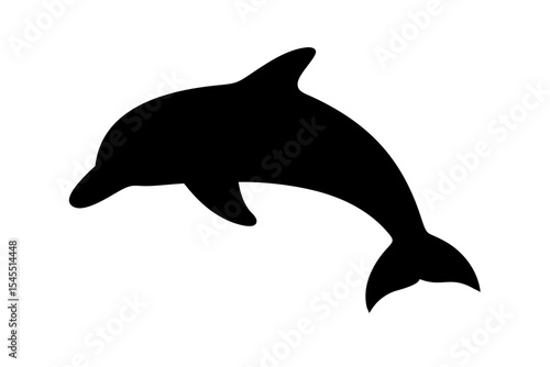 Silhouette of a dolphin jumping with its tail curved upwards and a dorsal fin visible against white background created with generated ai