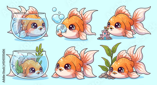 Cute cartoon goldfish in fishbowls and activities