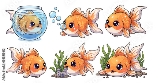 Cute cartoon goldfish illustrations set