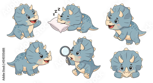 Cute cartoon triceratops illustrations set