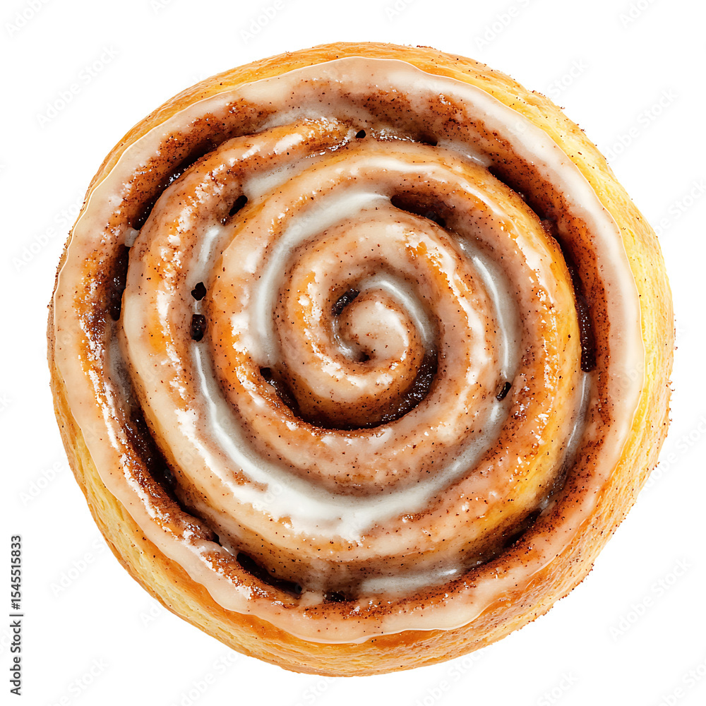 Fototapeta premium A top-down view of a freshly baked cinnamon roll with a spiral pattern and white icing