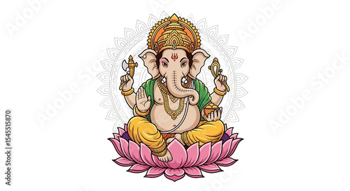 Lord ganesha seated on lotus flower illustration