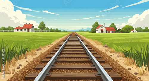 Train tracks through green fields