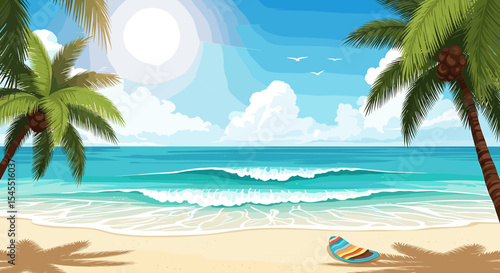 Tropical beach scene with palm trees and waves