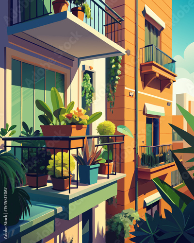 apartment with greenery on balconies, colorful vector illustration