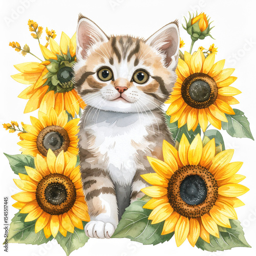 Cute animal and sunflower watercolor illustration_Cat