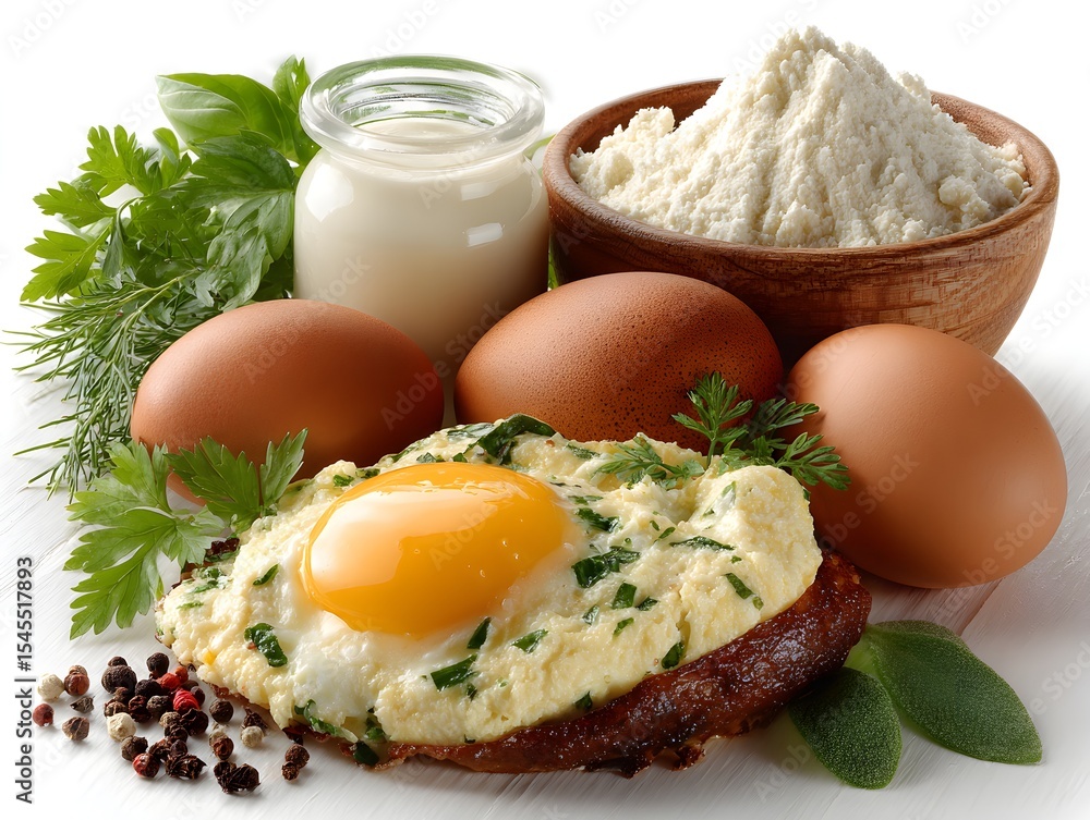Fototapeta premium A delicious cloud egg on toast surrounded by fresh herbs, eggs, flour, and milk sits on a white table top.