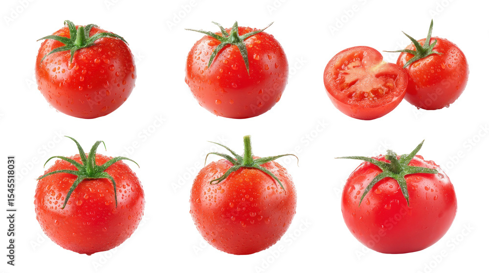 Fresh Red Tomatoes Collection with Water Droplets on White Background for Culinary Use and Healthy Diet Inspiration Fresh Red Tomatoes Collection with Water Droplets on White Background for Culinary Use and Healthy Diet Inspiration