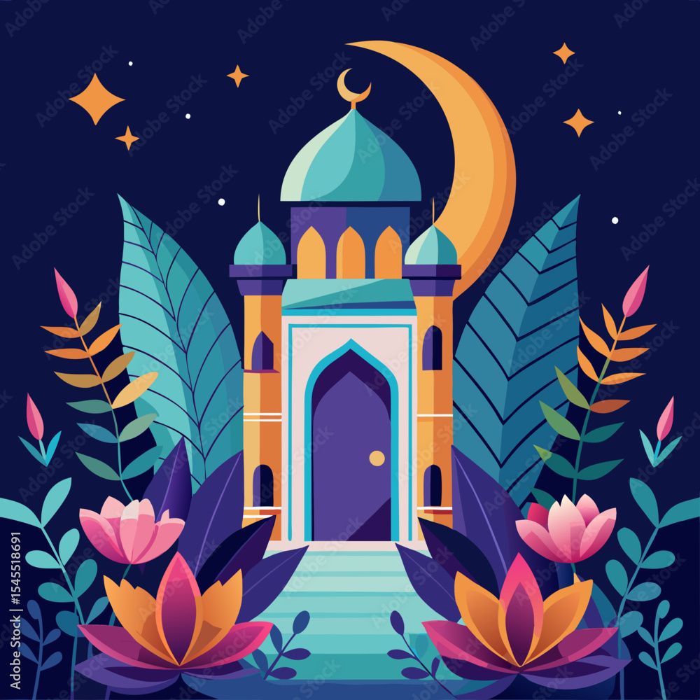 Obraz premium a mosque's entrance surrounded by flowering plants