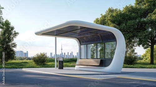 Futuristic solar powered bus stop in urban park with cityscape background