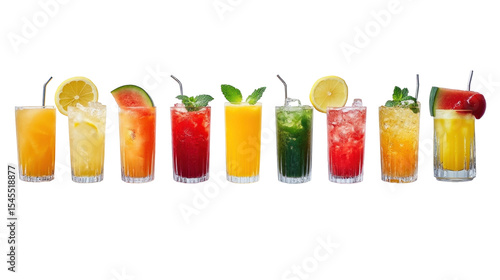 Vibrant Array of Colorful Cocktails and Refreshing Drinks on Display with Fresh Fruits and Garnishes