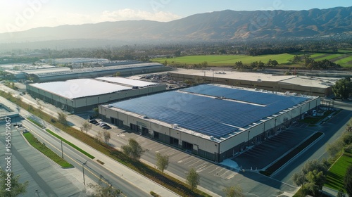 Sustainable warehouse rooftops adorned with solar panels under mountain backdrop